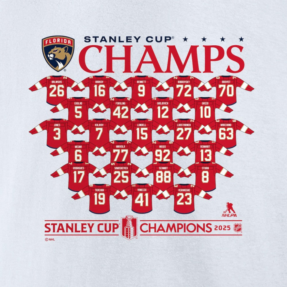 NHL Florida Panthers Fanatics 2025 Stanley Cup Champions Jersey Roster T-Shirt - White