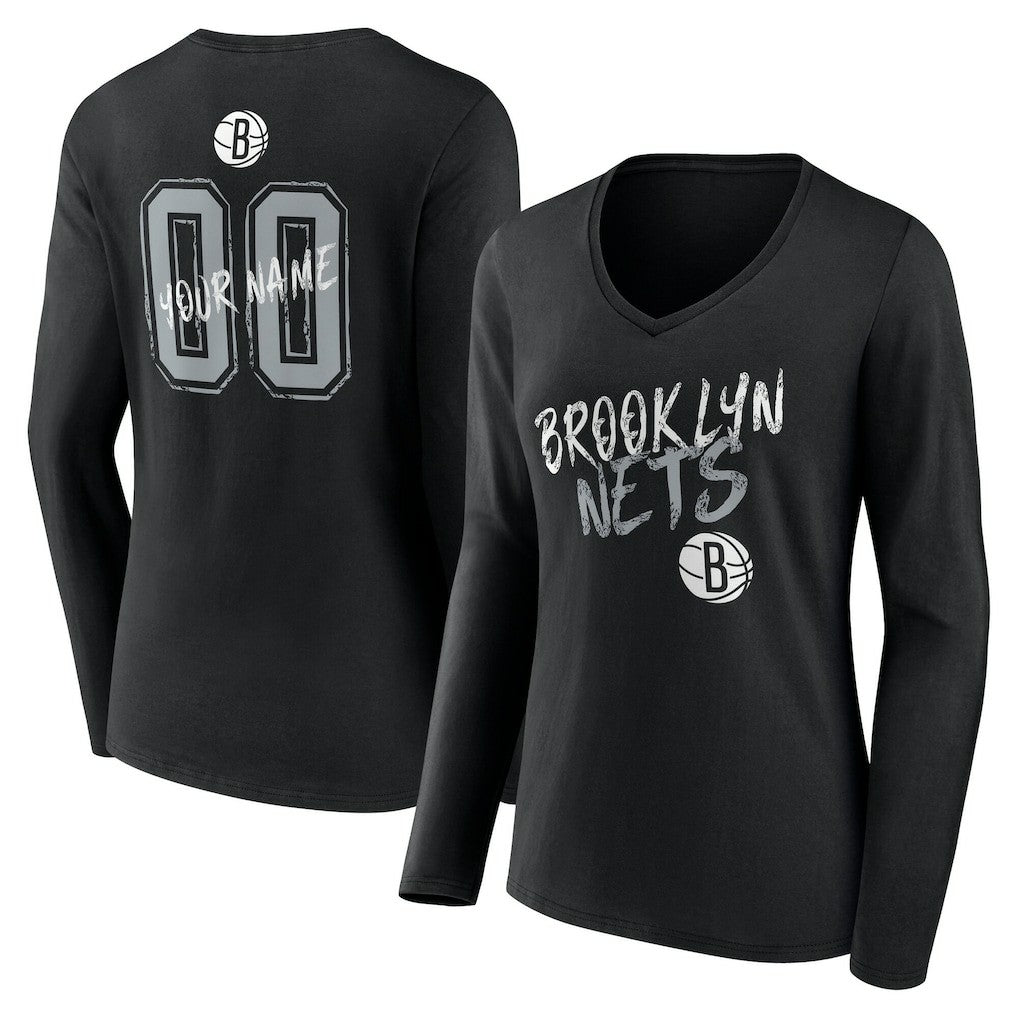 Brooklyn Nets Women's Hustle Custom Long Sleeve V-Neck T-Shirt Black