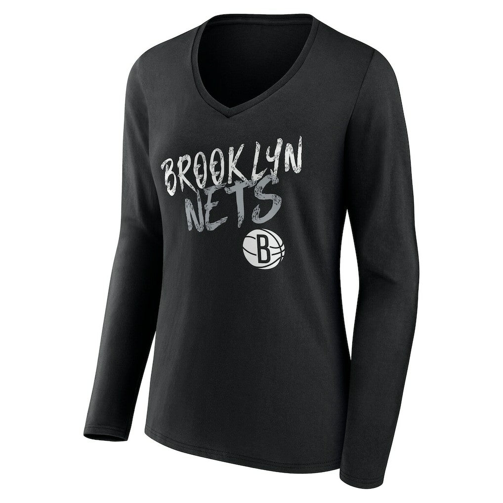 Brooklyn Nets Women's Hustle Custom Long Sleeve V-Neck T-Shirt Black