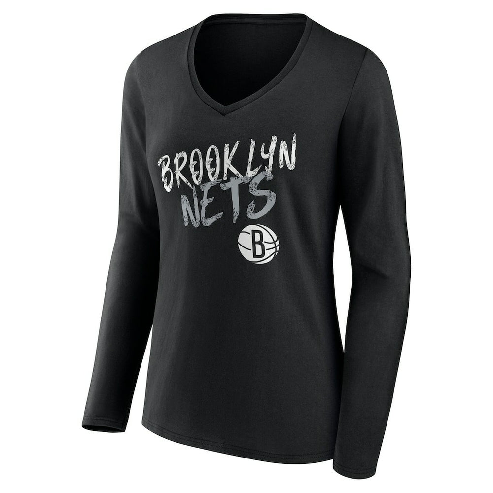 Brooklyn Nets Women's Hustle Custom Long Sleeve V-Neck T-Shirt Black