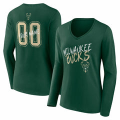 Milwaukee Bucks Women's Hustle Custom Long Sleeve V-Neck T-Shirt Hunter Green