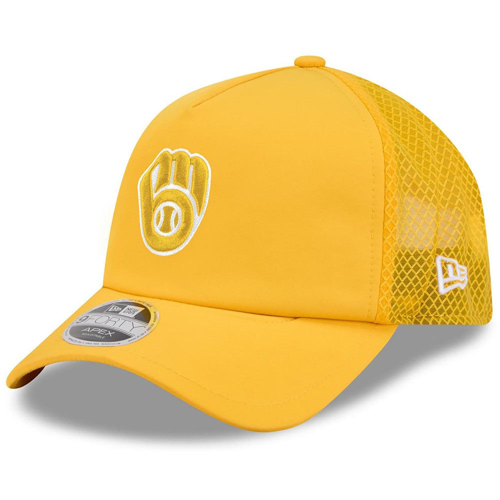 Milwaukee Brewers New Era 2026 Batting Practice Apex 9FORTY Adjustable Trucker Hat - Gold Hats