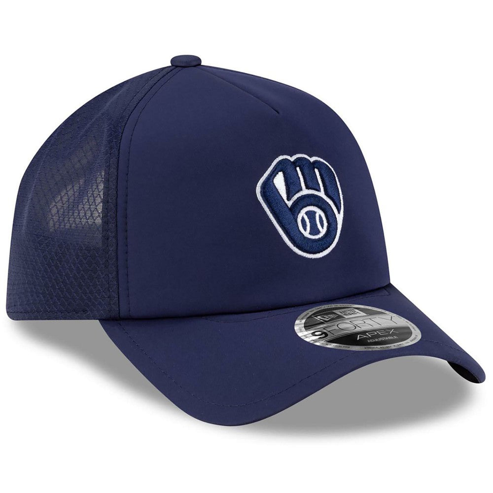 Milwaukee Brewers New Era 2026 Batting Practice Apex 9FORTY Adjustable Trucker Hat - Navy Hats