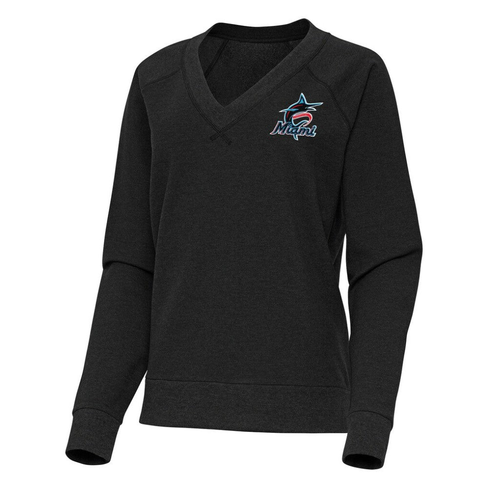 Miami Marlins Antigua Women's Varsity Tri-Blend V-Neck Long Sleeve T-Shirt - Heather Black T-shirts