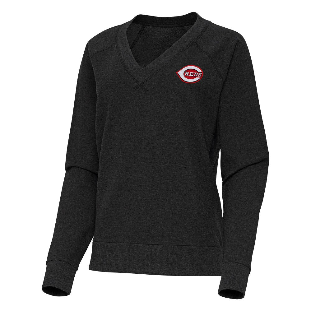 Cincinnati Reds Antigua Women's Varsity Tri-Blend V-Neck Long Sleeve T-Shirt - Heather Black T-shirts