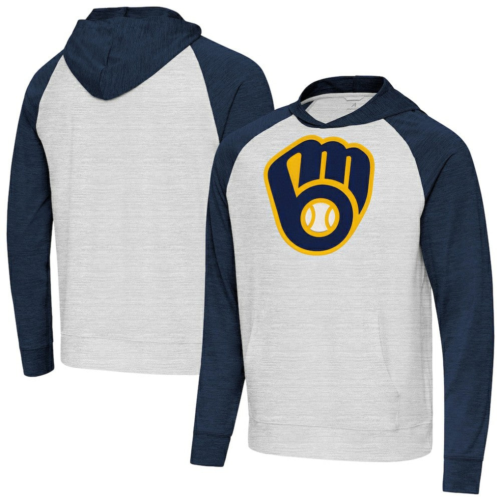 Milwaukee Brewers Antigua Urgent Pullover Hoodie - Heather Navy/Gray Hoodies