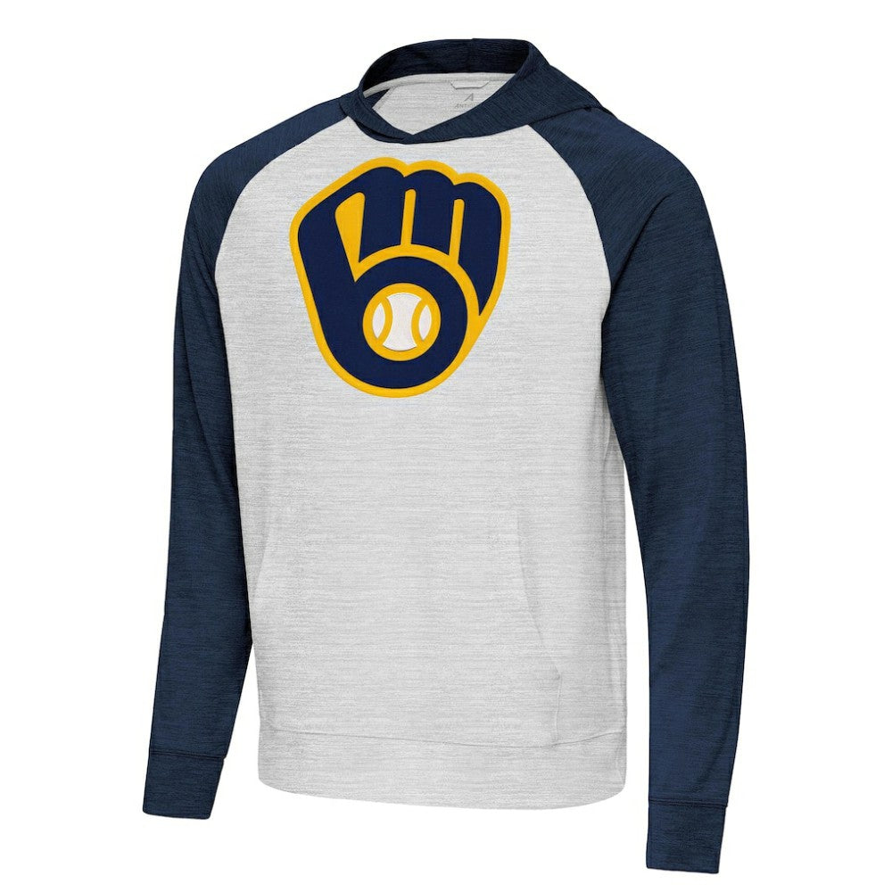 Milwaukee Brewers Antigua Urgent Pullover Hoodie - Heather Navy/Gray Hoodies