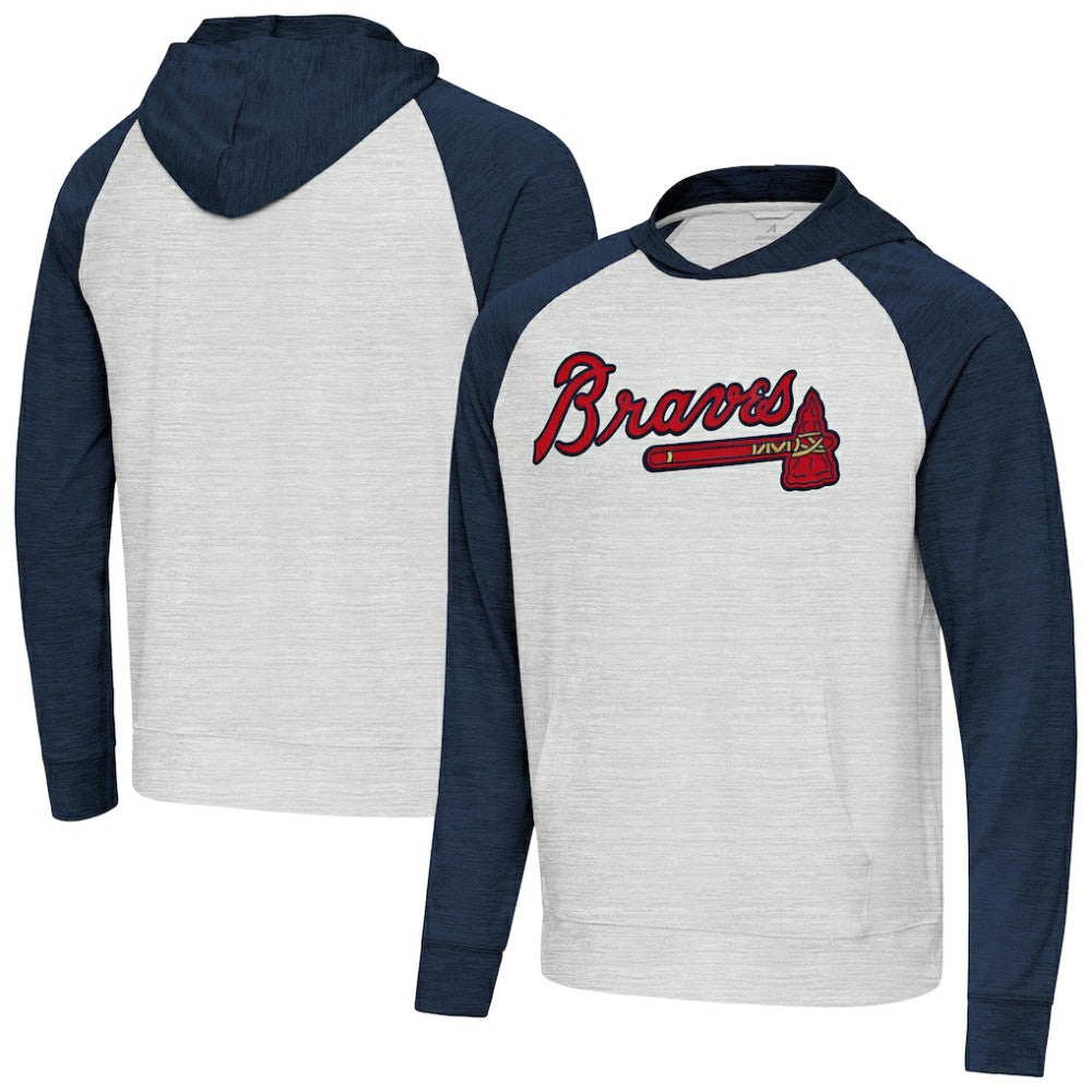 Atlanta Braves Antigua Urgent Pullover Hoodie - Heather Navy/Gray Hoodies