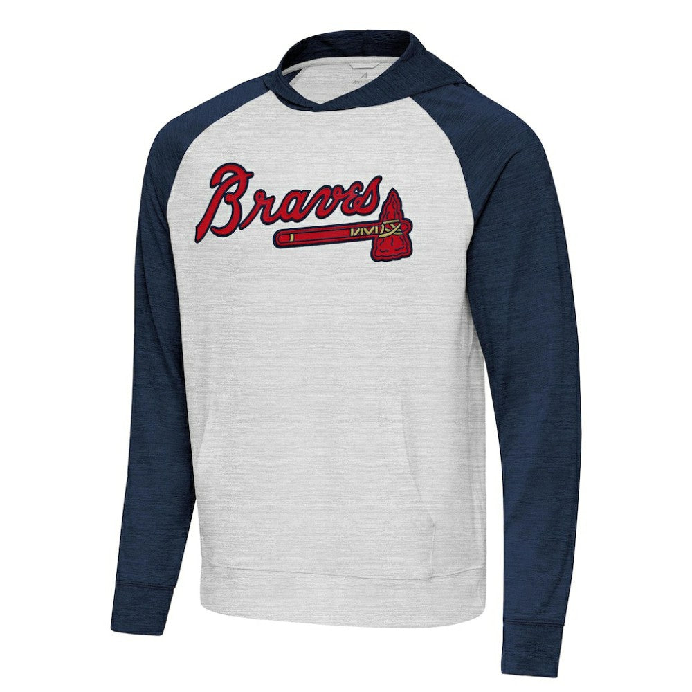 Atlanta Braves Antigua Urgent Pullover Hoodie - Heather Navy/Gray Hoodies
