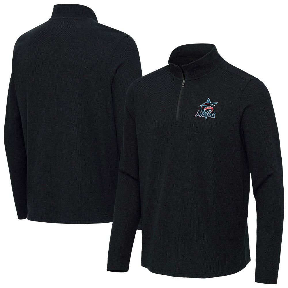Miami Marlins Antigua Sync Tri-Blend Quarter-Zip Pullover - Heather Black Pullover