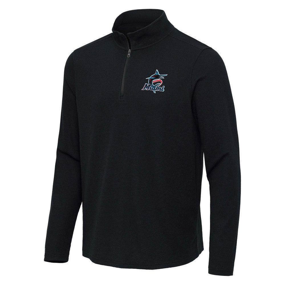 Miami Marlins Antigua Sync Tri-Blend Quarter-Zip Pullover - Heather Black Pullover