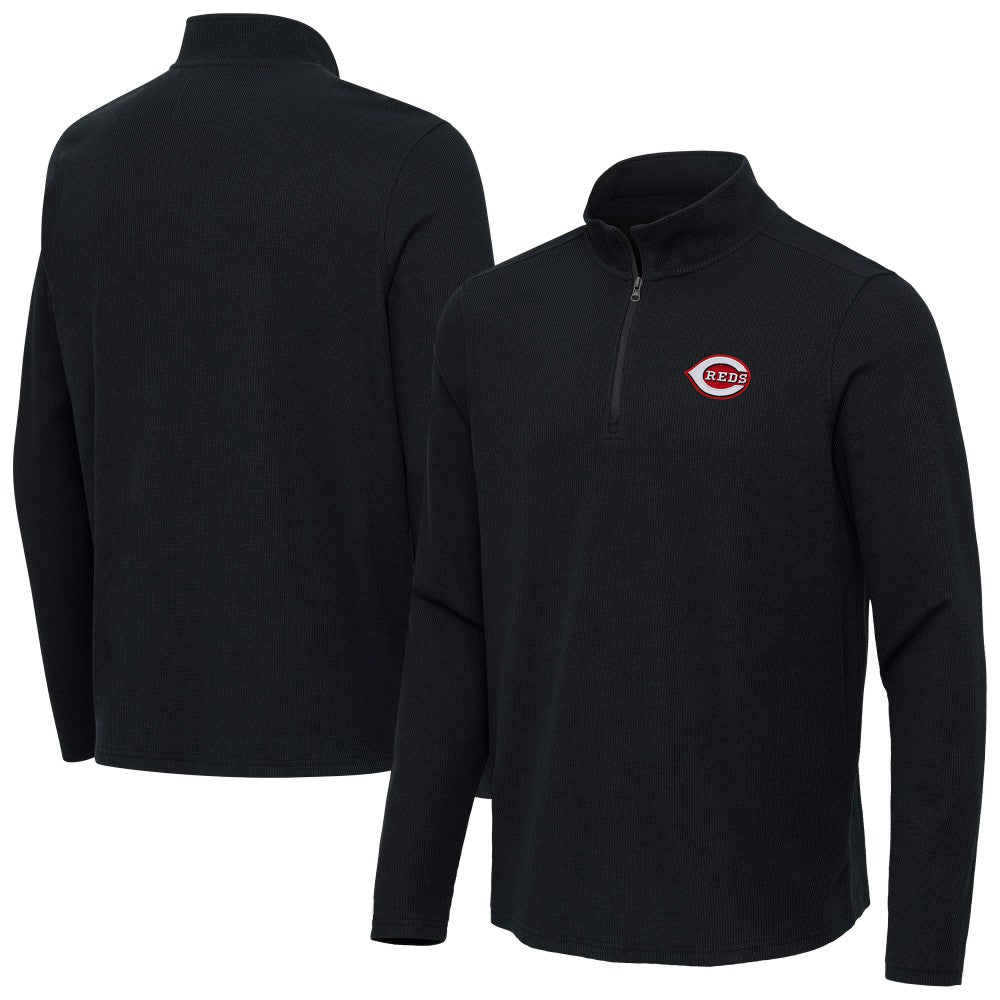 Cincinnati Reds Antigua Sync Tri-Blend Quarter-Zip Pullover - Heather Black Pullover