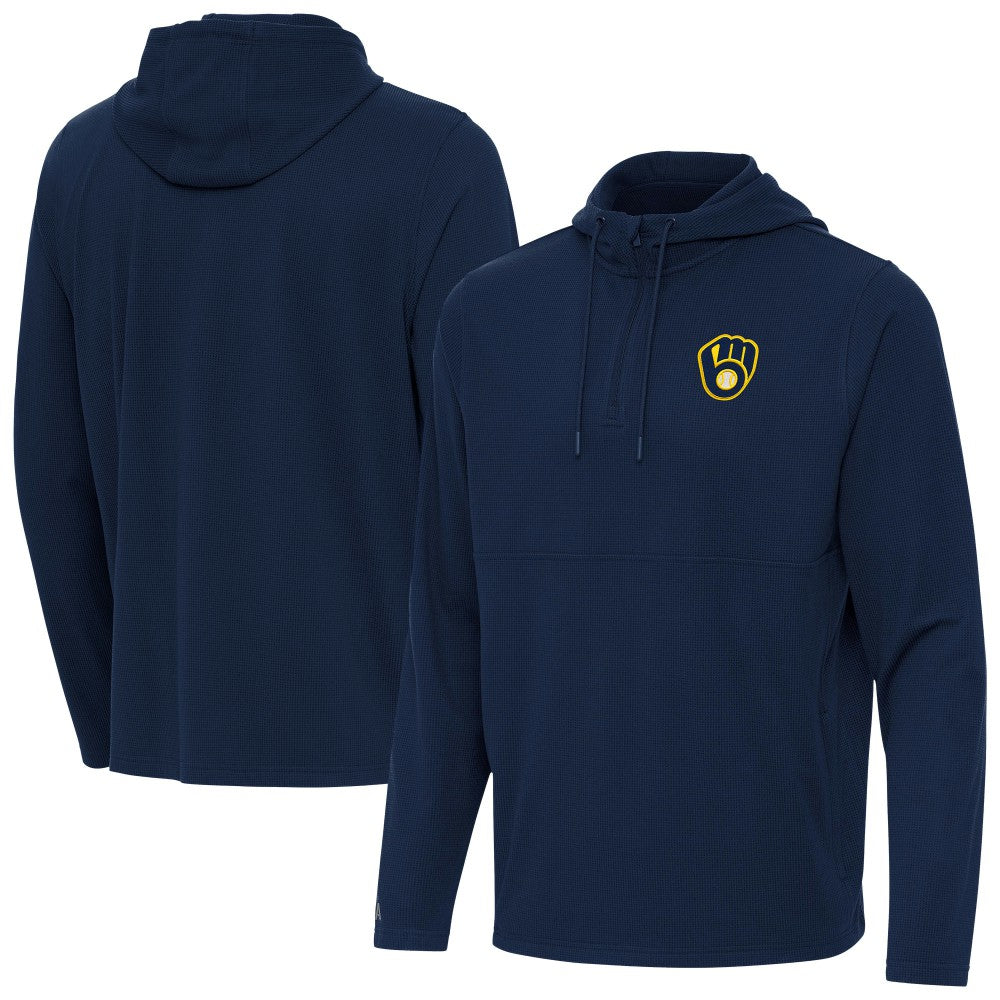 Milwaukee Brewers Antigua Connected Quarter-Zip Pullover Hoodie - Navy Hoodies