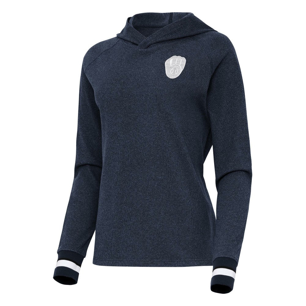 Milwaukee Brewers Antigua Women's Trek Pullover Hoodie - Heather Navy Hoodies