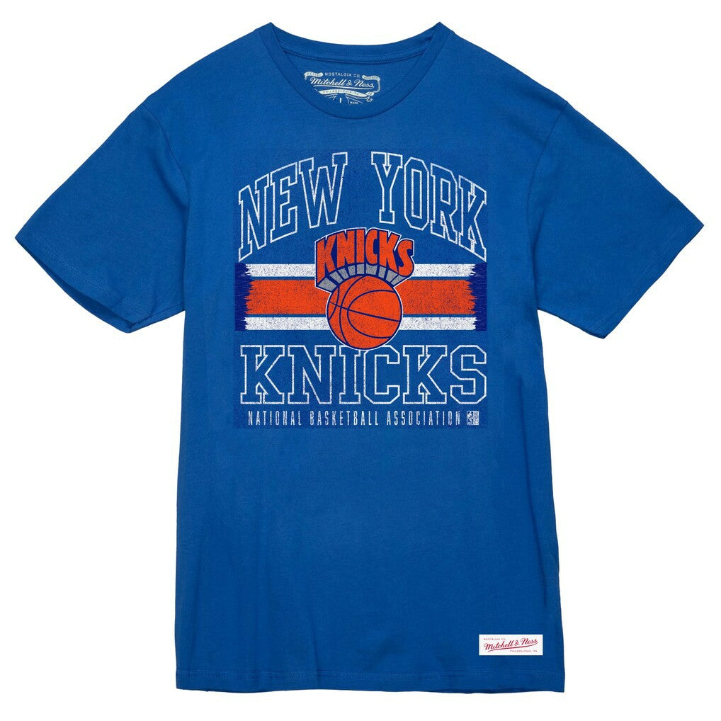 New York Knicks Striped Logo Lockup Premium T-Shirt Royal