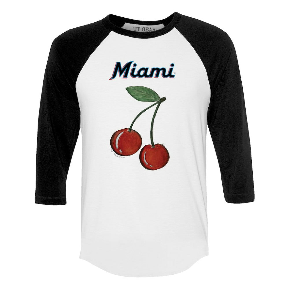 Miami Marlins Tiny Turnip Women's Cherries 3/4-Sleeve Raglan Baseball T-Shirt - White T-shirts