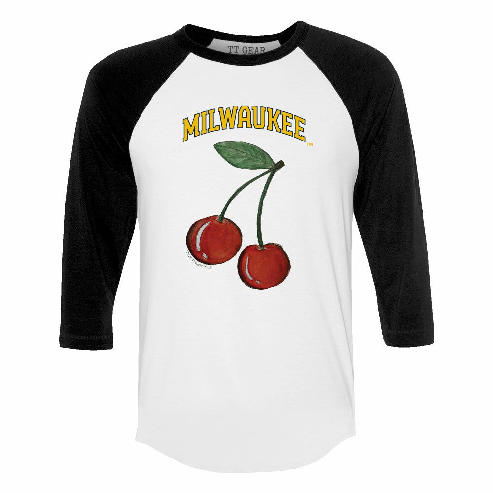 Milwaukee Brewers Tiny Turnip Women's Cherries 3/4-Sleeve Raglan Baseball T-Shirt - White T-shirts