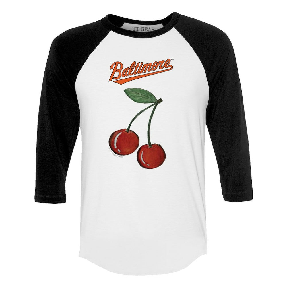 Baltimore Orioles Tiny Turnip Women's Cherries 3/4-Sleeve Raglan Baseball T-Shirt - White T-shirts