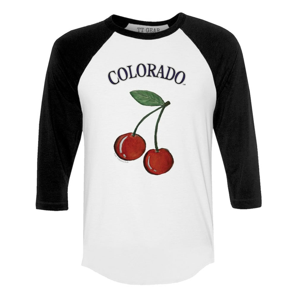 Colorado Rockies Tiny Turnip Women's Cherries 3/4-Sleeve Raglan Baseball T-Shirt - White T-shirts