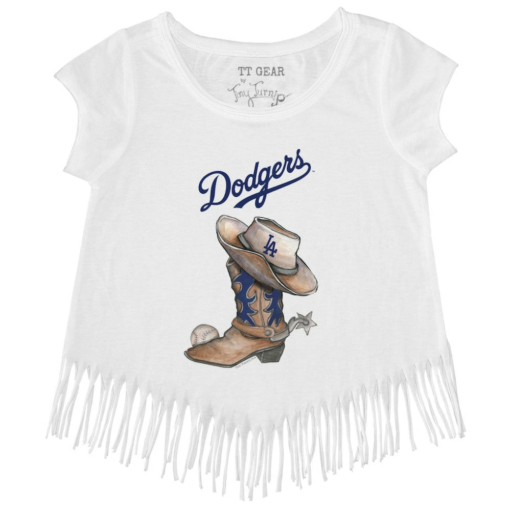 Los Angeles Dodgers Tiny Turnip Girls Youth Cowboy Boot Fringe T-Shirt - White T-shirts