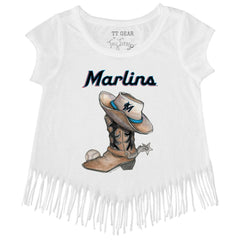 Miami Marlins Tiny Turnip Girls Youth Cowboy Boot Fringe T-Shirt - White T-shirts