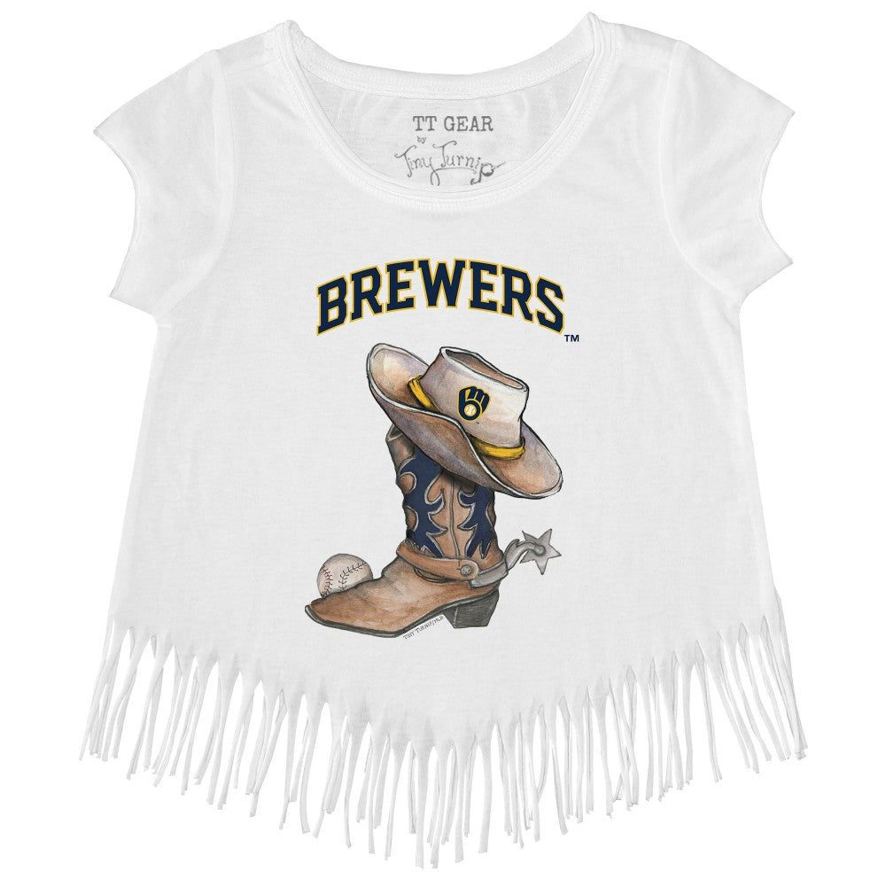 Milwaukee Brewers Tiny Turnip Girls Youth Cowboy Boot Fringe T-Shirt - White T-shirts