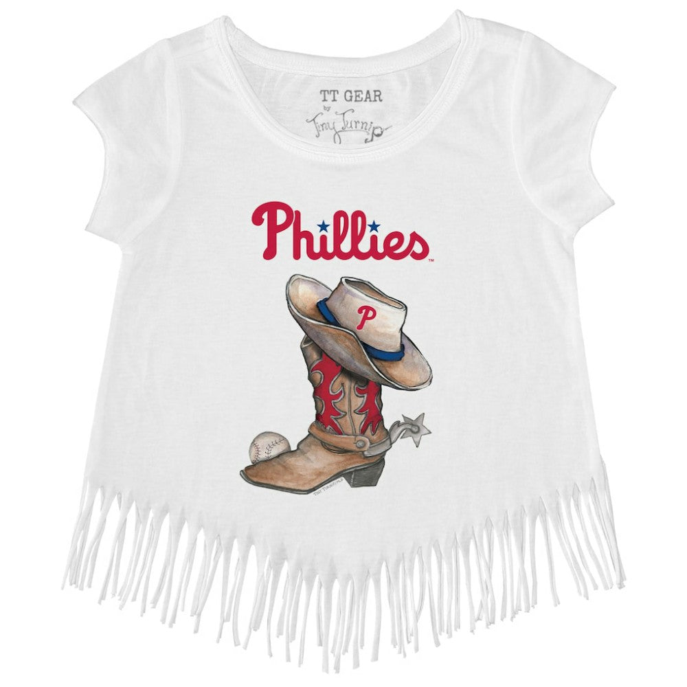 Philadelphia Phillies Tiny Turnip Girls Youth Cowboy Boot Fringe T-Shirt - White T-shirts