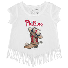 Philadelphia Phillies Tiny Turnip Girls Youth Cowboy Boot Fringe T-Shirt - White T-shirts