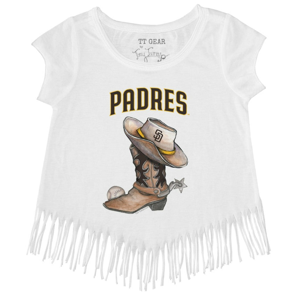 San Diego Padres Tiny Turnip Girls Youth Cowboy Boot Fringe T-Shirt - White T-shirts