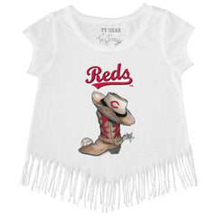 Cincinnati Reds Tiny Turnip Girls Youth Cowboy Boot Fringe T-Shirt - White T-shirts