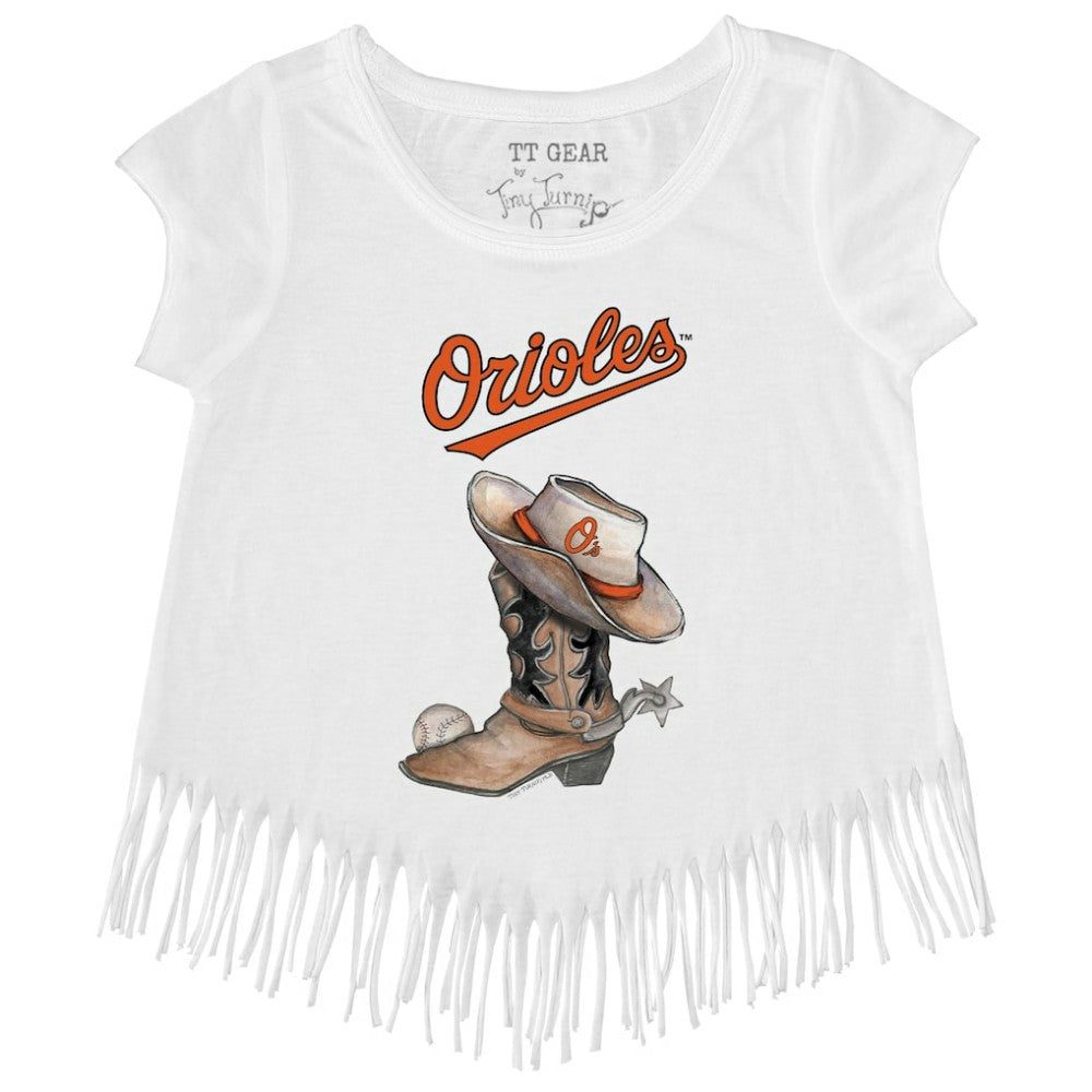 Baltimore Orioles Tiny Turnip Girls Youth Cowboy Boot Fringe T-Shirt - White T-shirts