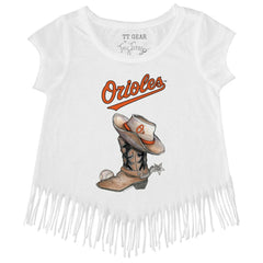 Baltimore Orioles Tiny Turnip Girls Youth Cowboy Boot Fringe T-Shirt - White T-shirts