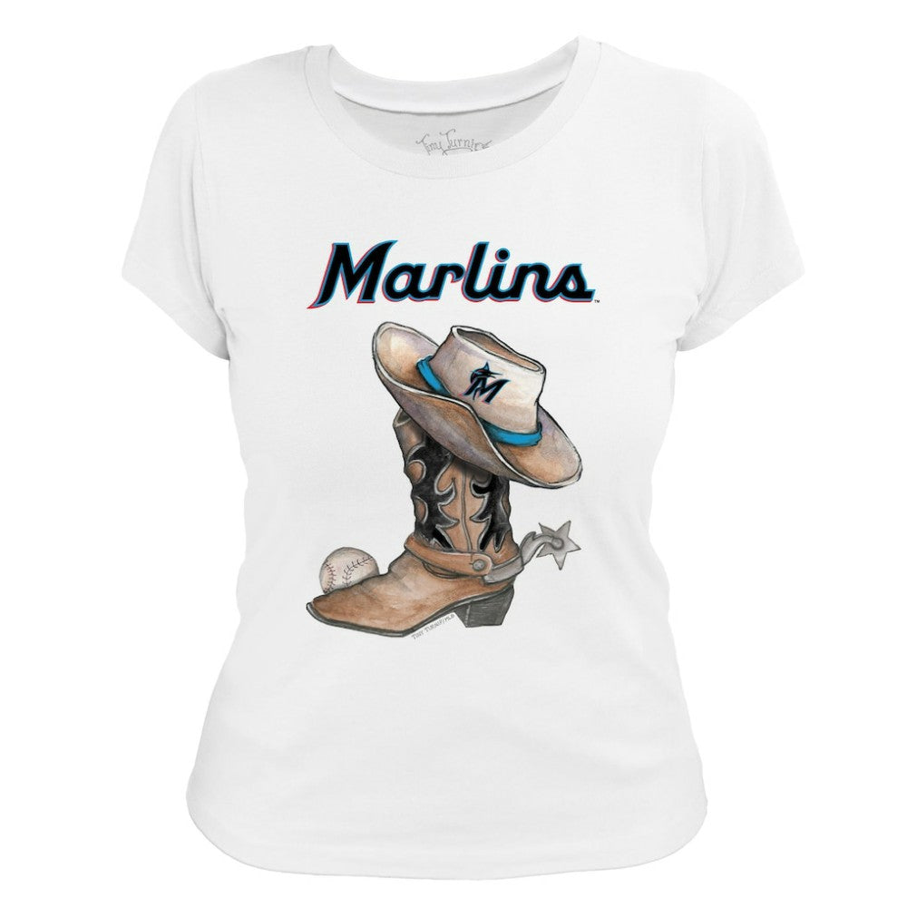 Miami Marlins Tiny Turnip Women's Cowboy Boot T-Shirt - White T-shirts