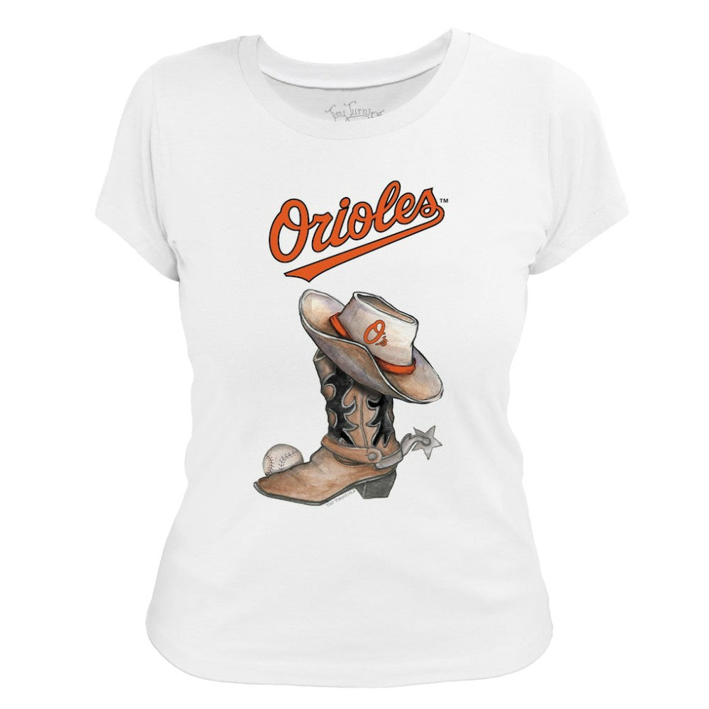 Baltimore Orioles Tiny Turnip Women's Cowboy Boot T-Shirt - White T-shirts