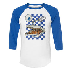 Los Angeles Dodgers Tiny Turnip Women's Pizza 3/4-Sleeve Raglan Baseball T-Shirt - White/Royal T-shirts