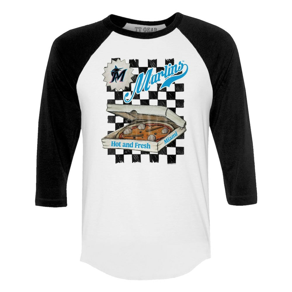 Miami Marlins Tiny Turnip Women's Pizza 3/4-Sleeve Raglan Baseball T-Shirt - White/Black T-shirts