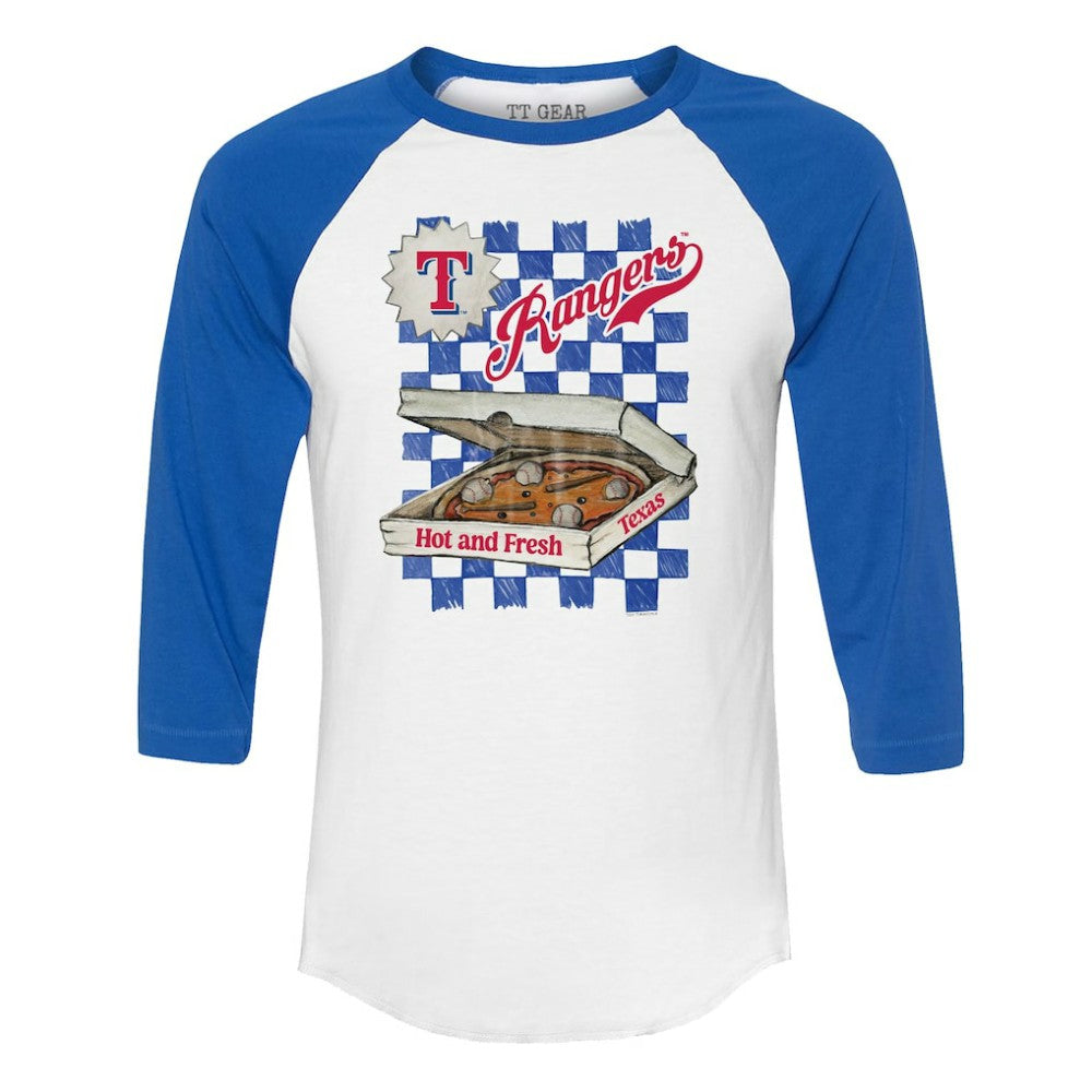 Texas Rangers Tiny Turnip Women's Pizza 3/4-Sleeve Raglan Baseball T-Shirt - White/Royal T-shirts