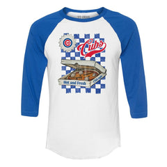 Chicago Cubs Tiny Turnip Women's Pizza 3/4-Sleeve Raglan Baseball T-Shirt - White/Royal T-shirts