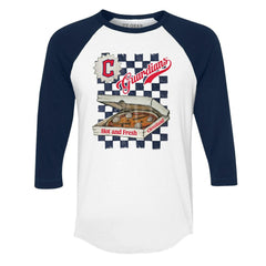 Cleveland Guardians Tiny Turnip Women's Pizza 3/4-Sleeve Raglan Baseball T-Shirt - White/Navy T-shirts
