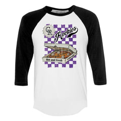 Colorado Rockies Tiny Turnip Women's Pizza 3/4-Sleeve Raglan Baseball T-Shirt - White/Black T-shirts