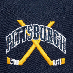 NHL Pittsburgh Penguins Mitchell & Ness x Just Don Wave Script Pro Strapback Hat - Navy/Gold