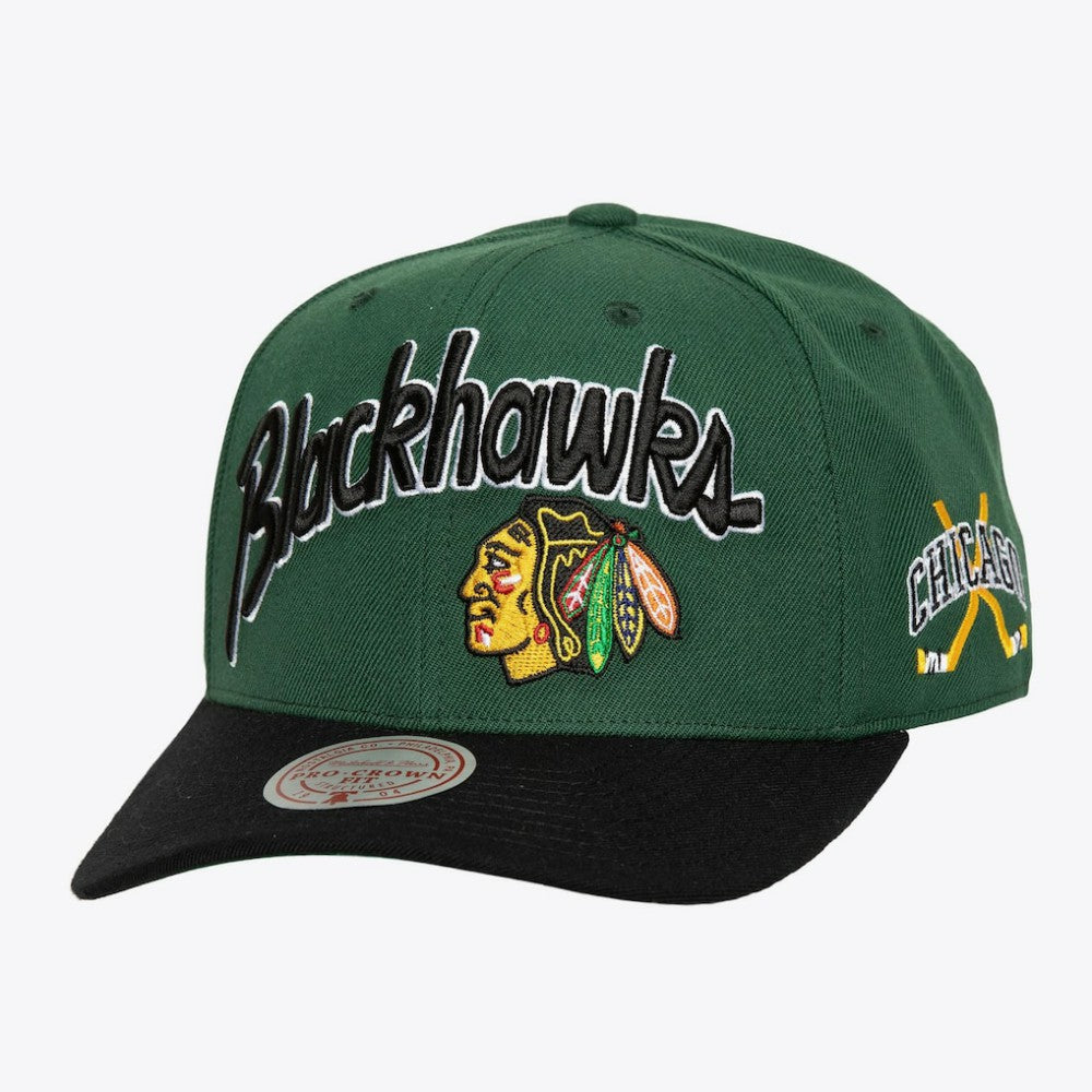 NHL Chicago Blackhawks Mitchell & Ness x Just Don Wave Script Pro Strapback Hat - Green/Black