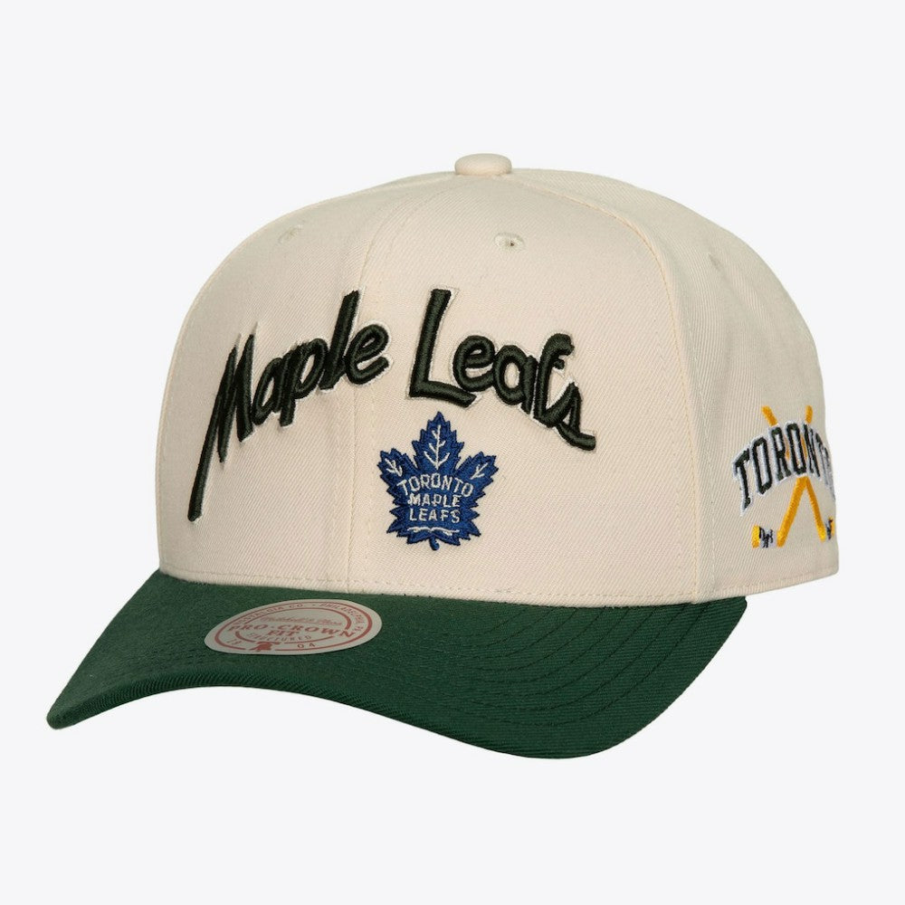 NHL Toronto Maple Leafs Mitchell & Ness x Just Don Wave Script Pro Strapback Hat - Cream/Green