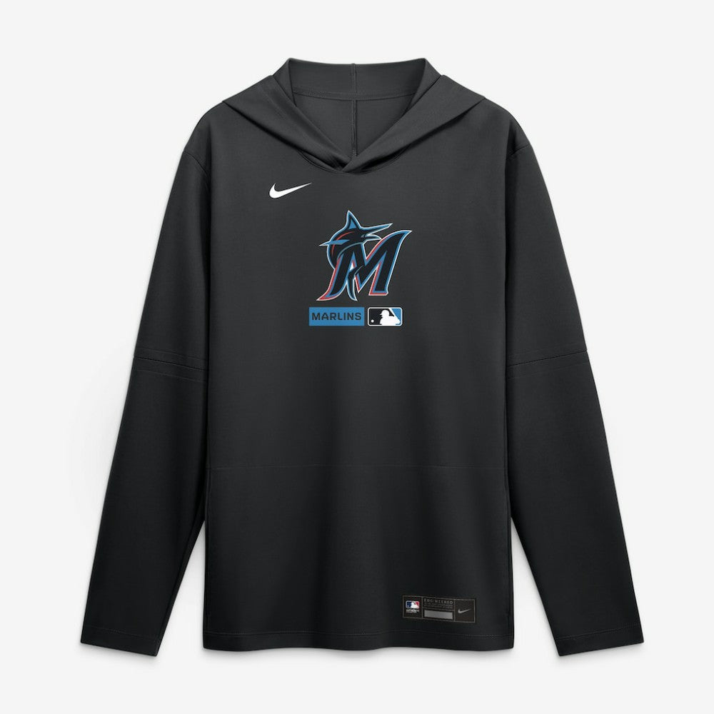 Miami Marlins Nike Authentic Collection Dri-FIT Long Sleeve Hooded T-Shirt - Black T-shirts