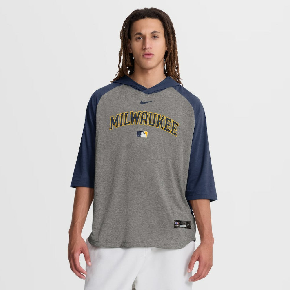 Milwaukee Brewers Nike Authentic Collection Flux Dri-FIT Raglan 3/4-Sleeve Hooded T-Shirt - Gray T-shirts
