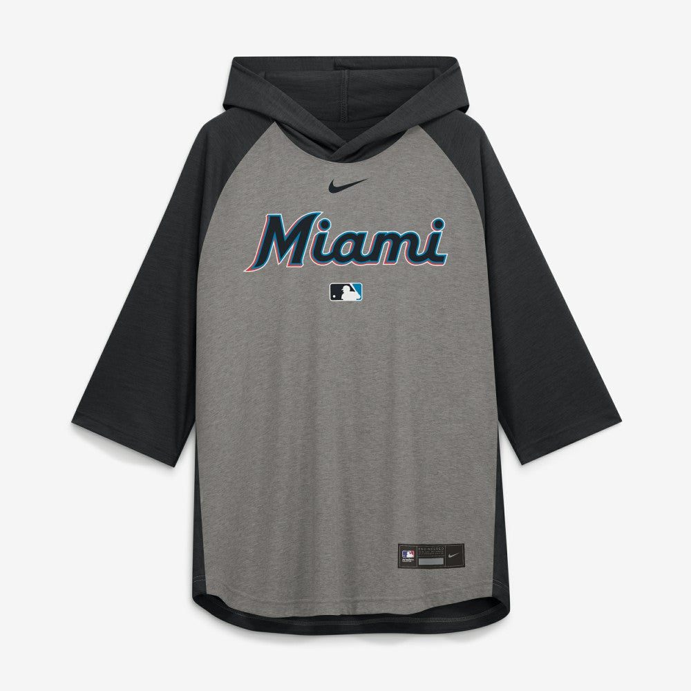 Miami Marlins Nike Authentic Collection Flux Dri-FIT Raglan 3/4-Sleeve Hooded T-Shirt - Gray T-shirts