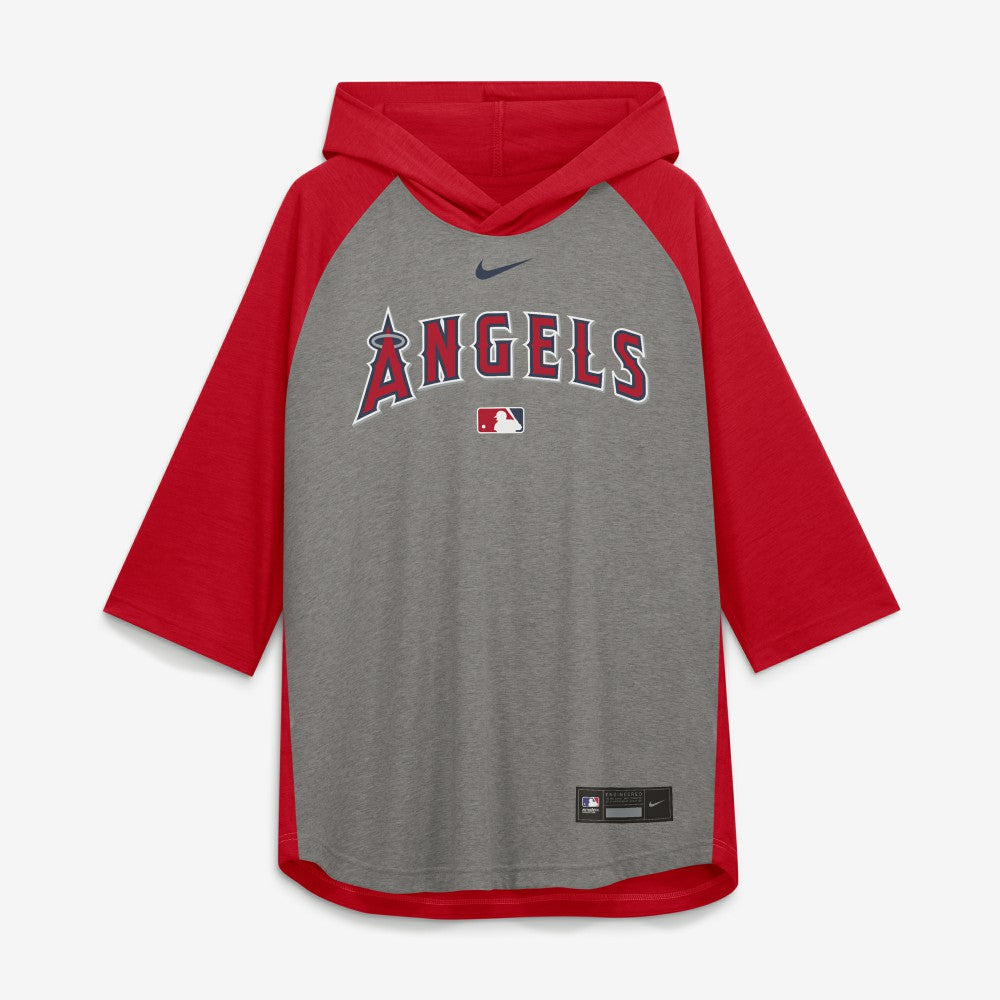 Los Angeles Angels Nike Authentic Collection Flux Dri-FIT Raglan 3/4-Sleeve Hooded T-Shirt - Gray T-shirts