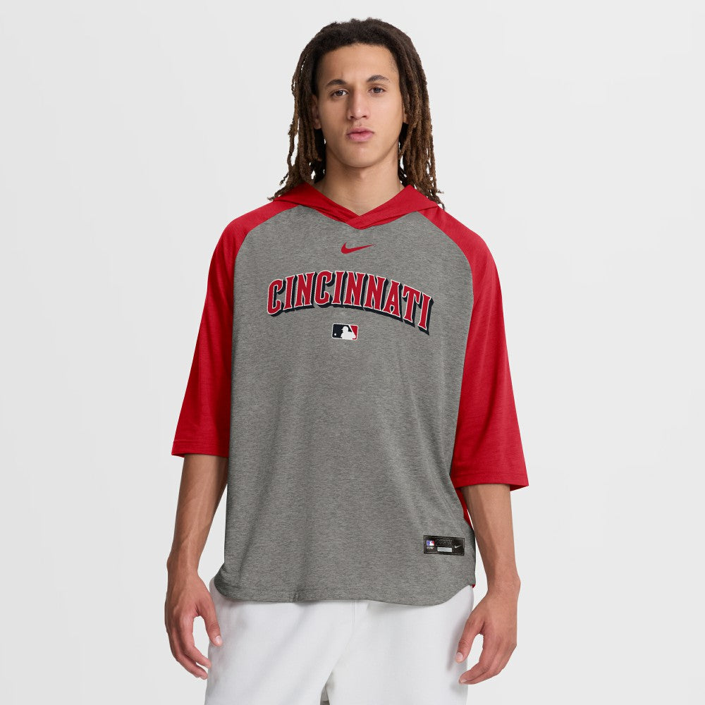 Cincinnati Reds Nike Authentic Collection Flux Dri-FIT Raglan 3/4-Sleeve Hooded T-Shirt - Gray T-shirts