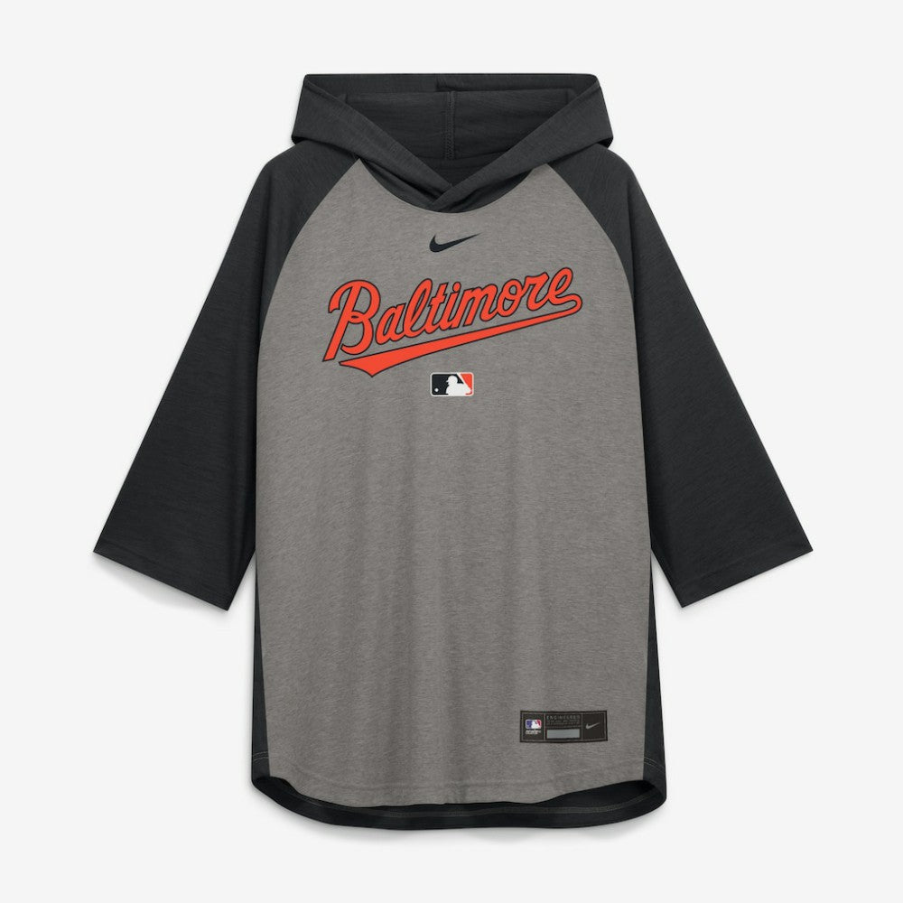 Baltimore Orioles Nike Authentic Collection Flux Dri-FIT Raglan 3/4-Sleeve Hooded T-Shirt - Gray T-shirts