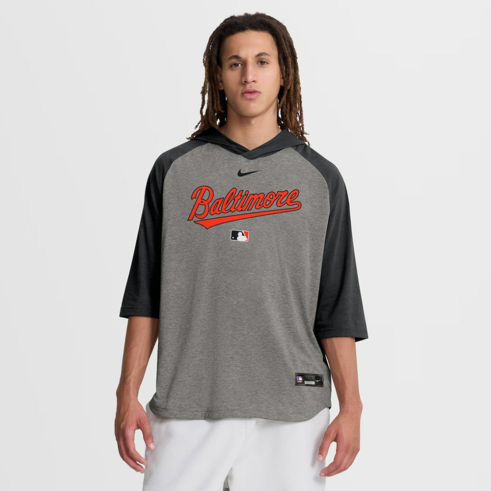 Baltimore Orioles Nike Authentic Collection Flux Dri-FIT Raglan 3/4-Sleeve Hooded T-Shirt - Gray T-shirts